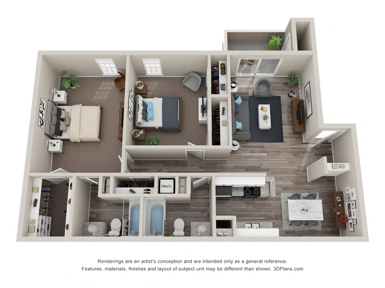 Floor plan for 2 beds, 2 baths, 856 sqft